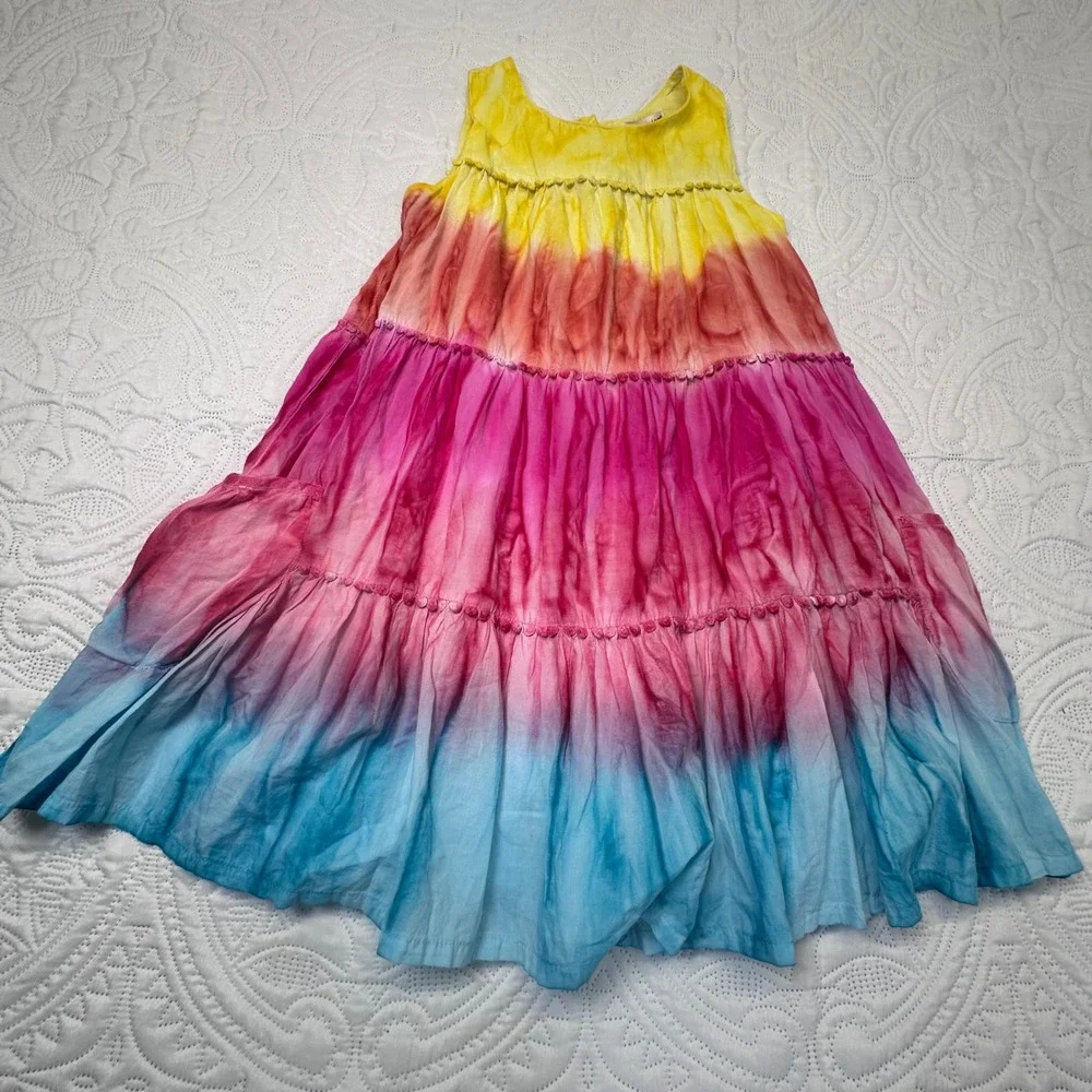 Pandemonium Girls Rainbow Tie Dye Tiered Dress Pockets Pom Pom Trim Size 6X